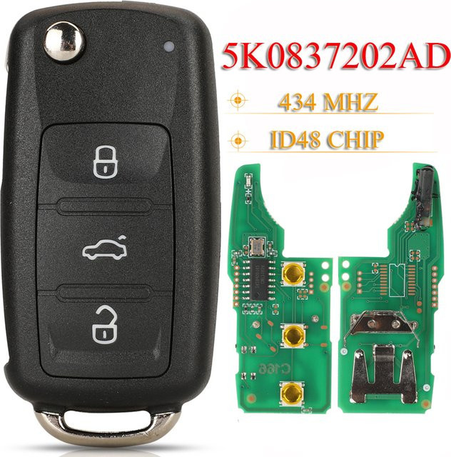 Jingyuqin 3-Tasten-Fernbedienungsschlüssel 434 MHz mit ID48-Chip in Schwarz für VW Golf Tiguan Polo Passat CC Jetta Beetle (5K0837202AD) - Bild 1