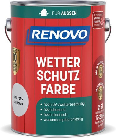 RENOVO Wetterschutzfarbe für Holz, wasserbasiert, satin-glänzend, Lichtgrau RAL 7035, 2,5 l - Bild 1