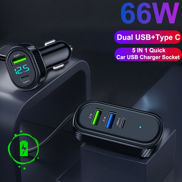 kebidumei Autoladegerät 12V/24V in Schwarz mit 5 Multi-Ports inklusive USB Typ C und 66W Super-Ladeadapter sowie 150 cm Kabel - Bild 1