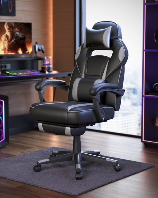 SONGMICS Gaming-Stuhl aus Kunstleder mit Kopfkissen in Schwarz-Grau - Bild 1