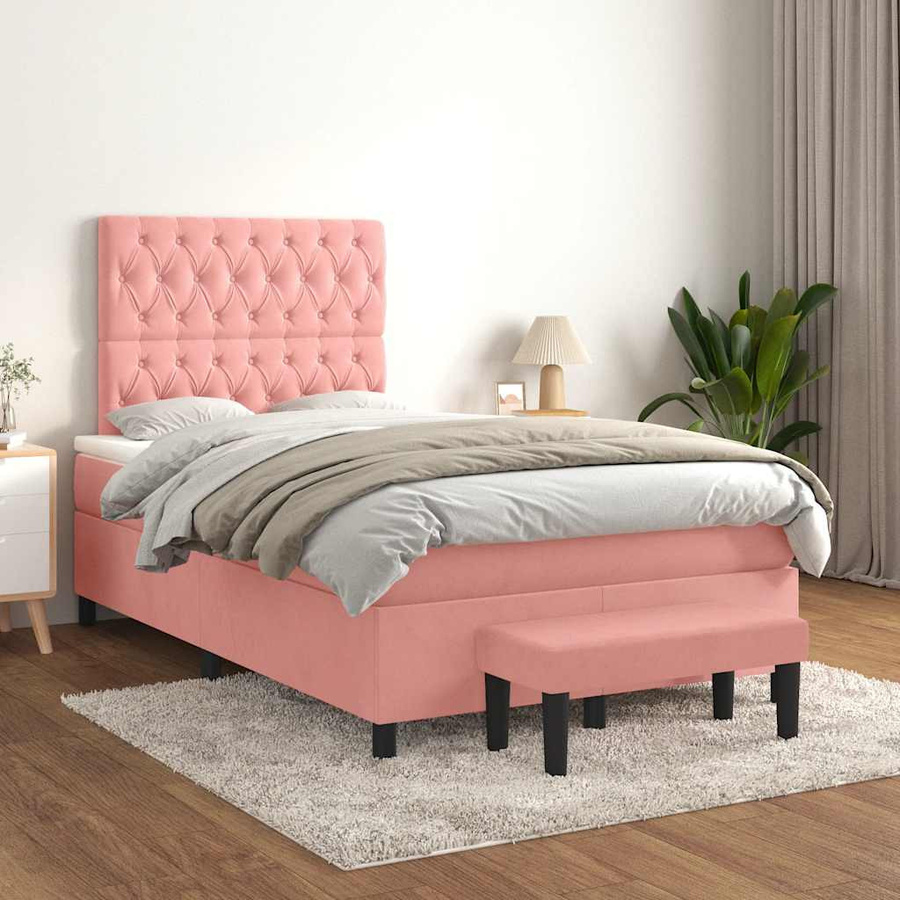 vidaXL Boxspringbett mit Matratze aus Samt in Rosa, B/T/H: 120 x 190 x 118 cm - Bild 2