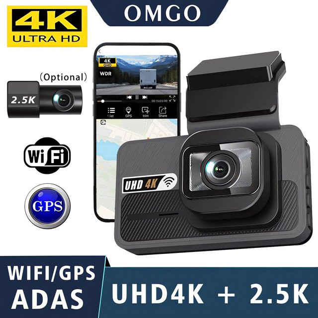 OMGO Dual Dash Cam mit 4K UHD und 2,5K Auflösung, WIFI, GPS, ADAS und AI Fahrerunterstützung, Schwarz - Bild 1
