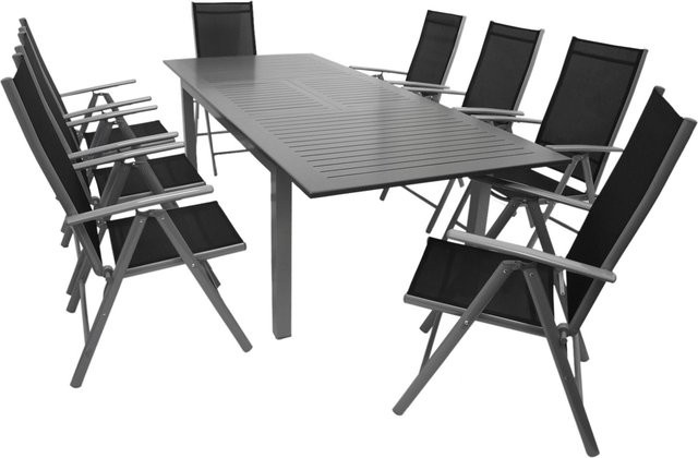 DEGAMO Gartenmöbel Garnitur BAJAZZO 9-teilig aus Aluminium in Silbergrau mit schwarzem Kunstgewebe und ausziehbarem Tisch - Bild 1