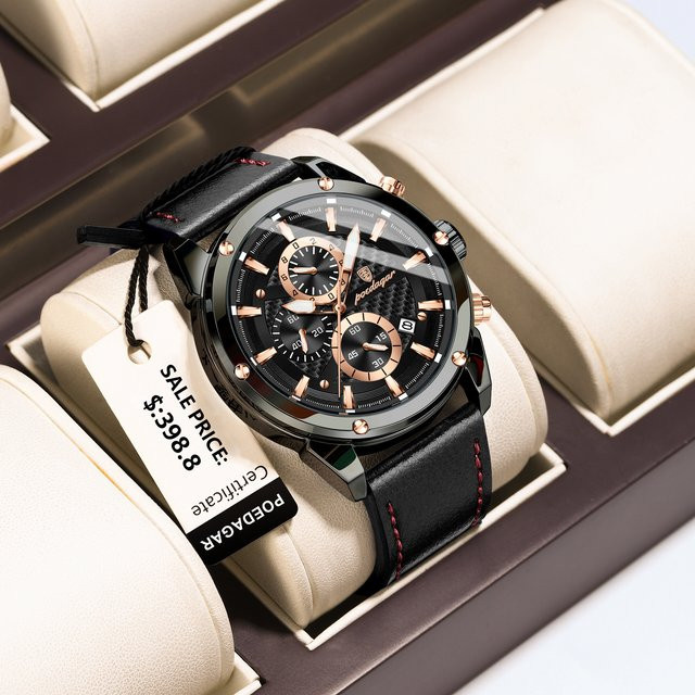 POEDAGAR Chronograph, Leder, Quarz, Schwarz, Herren - Bild 1
