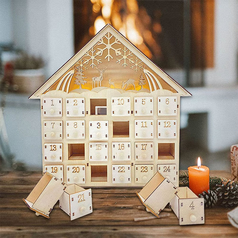 Handgemachter Adventskalender aus Holz in Hausform mit LED-Lichtern für 24 Tage, braun, skandinavisches Design - Bild 3
