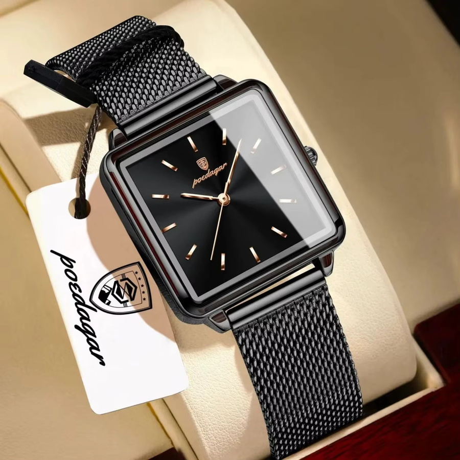 POEDAGAR Armbanduhr, Quarz, Edelstahl, Eckig, Schwarz, Damen - Bild 2