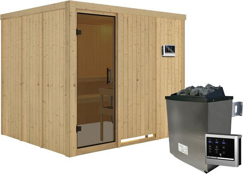 Karibu Sauna Jöhvi aus Fichtenholz mit 9 kW Saunaofen und externer Steuerung für 4 Personen, Farbe: beige - Bild 1