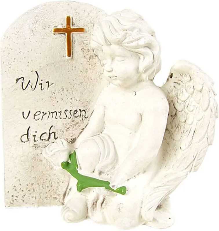 BURI Grabspruchstein Engel mit Rose in Weiß aus Kunstharz, Höhe: 21 cm - Bild 1