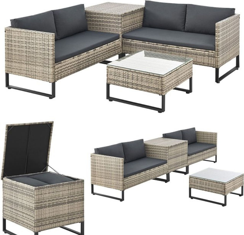 Juskys Polyrattan Lounge Santorini Outdoor Sitzecke in Grau mit Beistelltisch, Auflagenbox und Polsterauflagen - Bild 4