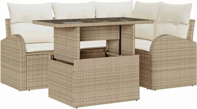 vidaXL Garten-Sofa-Set 5-tlg. aus Poly-Rattan in Beige mit Kissen und Tisch - Bild 1