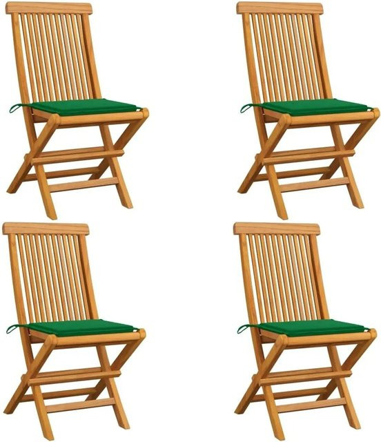 vidaXL Gartenstuhl-Set aus Teak Massivholz mit grünen Kissen, 4 Stück, braun - Bild 1