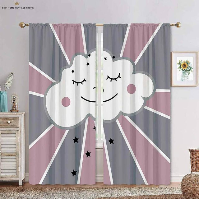 Yiran Furniture Vorhänge für Kinderzimmer mit Cartoon-Print Wolken und Sternen, Rosa, 2er-Set, Breite: 50 cm, Höhe: 130 cm - Bild 1