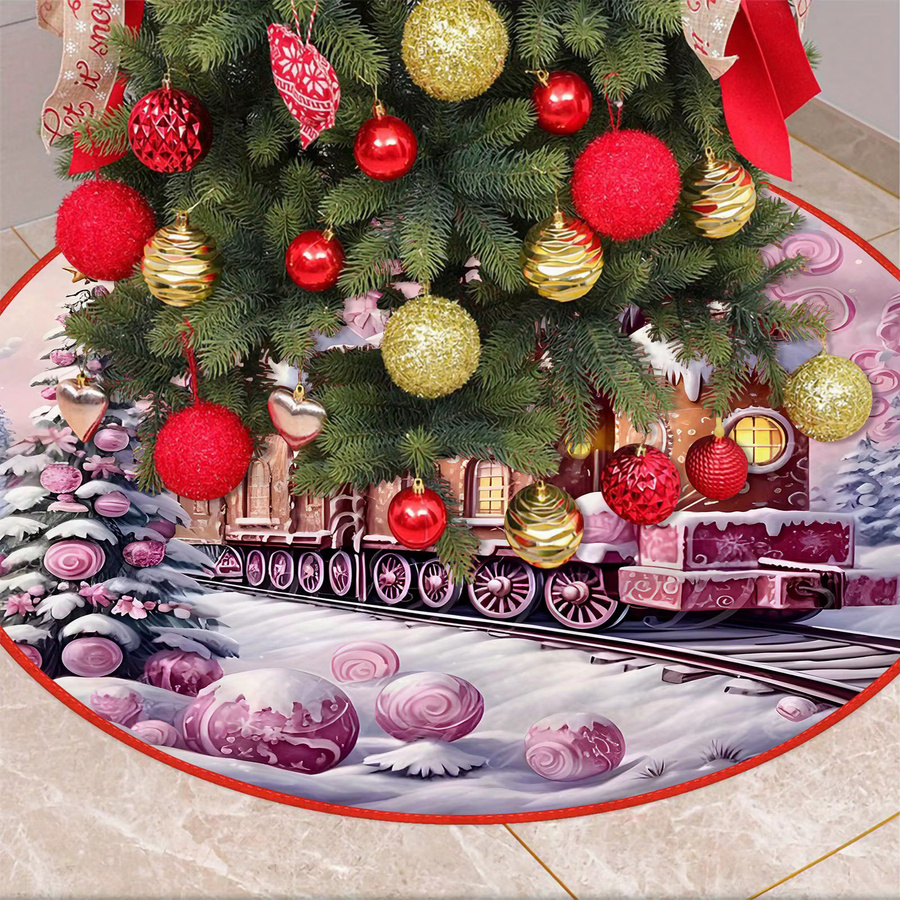 VIKAMA Weihnachtsbaum-Kissen mit Cartoon Lebkuchen-Zug Motiv in Rosa und Mehrfarbig, Runde Weihnachtsdekoration - Bild 3