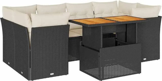 vidaXL 7-teilige Garten-Sofagarnitur aus Poly-Rattan und Akazienholz in Schwarz-creme mit Kissen - Bild 1