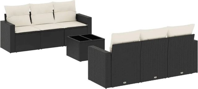 vidaXL 7-tlg Garten-Sofagarnitur aus Polyrattan in Schwarz mit Kissen und Tisch, L-Form - Bild 1