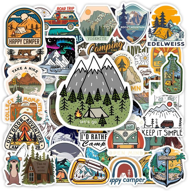 Wasserdichte Outdoor Camping Aufkleber mit Wald Abenteuer Motiven in Multicolour für Laptop, Telefon und Gepäck - Bild 1