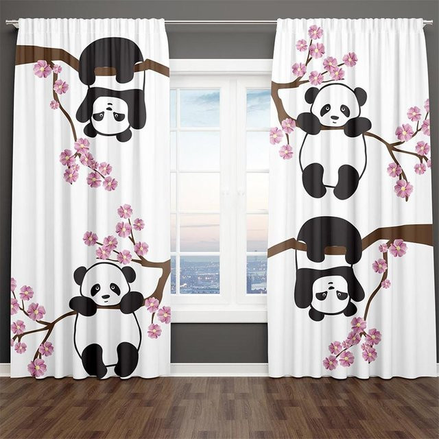 Yiran Furniture Panda Vorhang Set mit 3D-Druck, 2er-Pack, halbtransparent, Multicolor, B: 100 cm, H: 130 cm - Bild 1