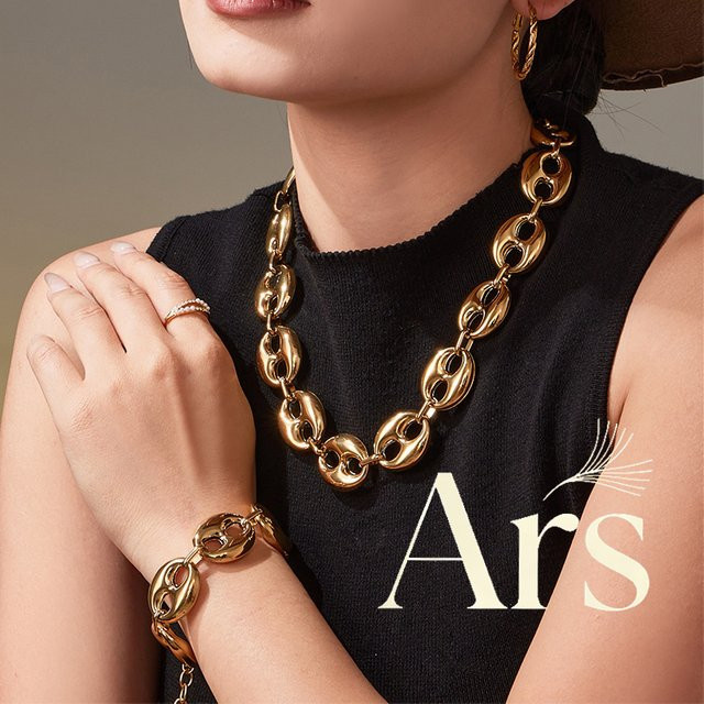 Ars Schmuck-Set, Kaffeebohnen-Gliederkette und Armband, Edelstahl, Gold, Damen - Bild 1