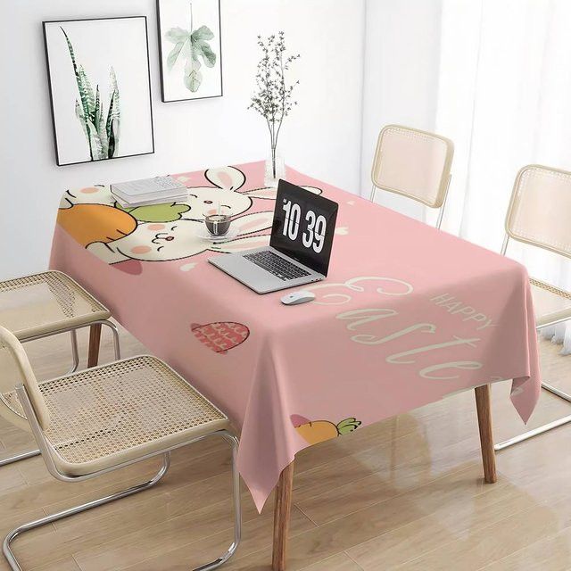 Wasserdichte rechteckige Tischdecke mit Cartoon Kaninchen Motiv in Pink für Party und Weihnachtsdekoration - Bild 1