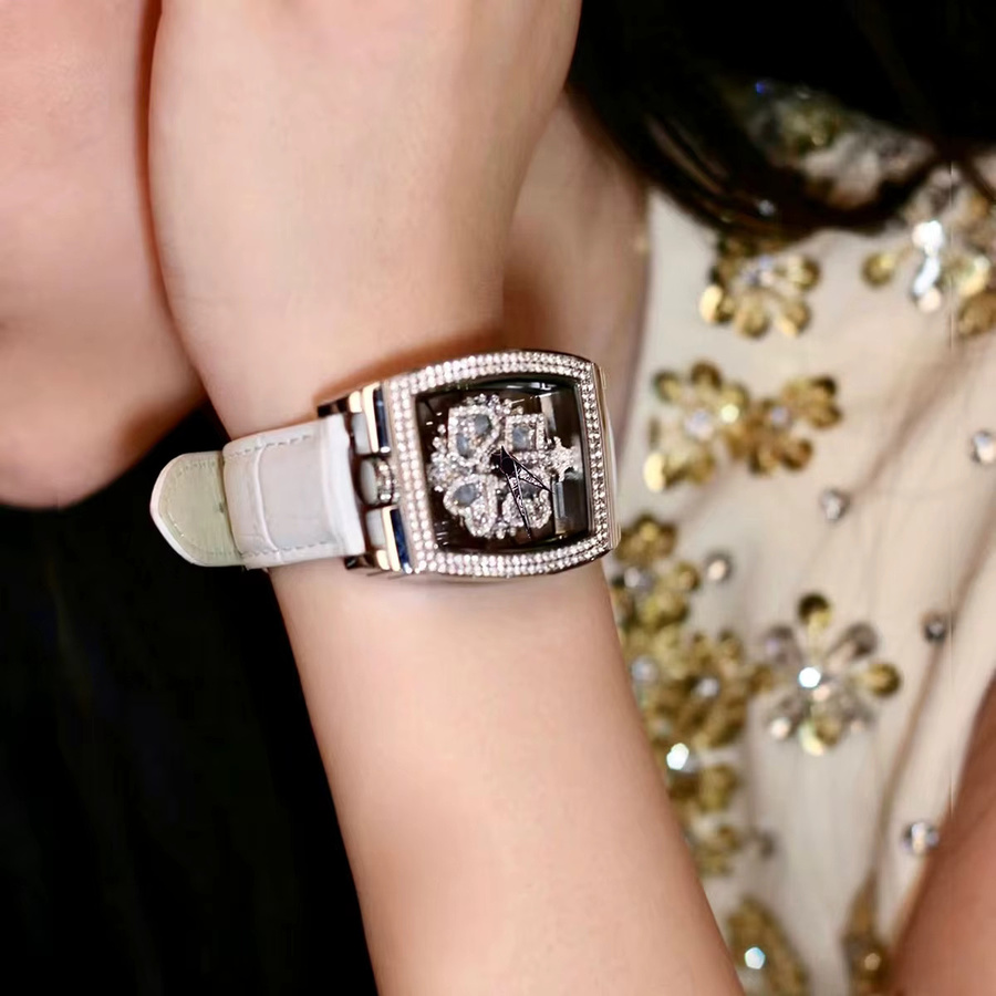 Armbanduhr Damen, Quarz, Edelstahl, Tonneau, Zirkonia, Weiß - Bild 3