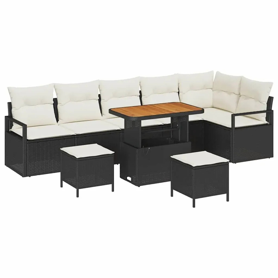 vidaXL Garten-Sofa-Set aus Poly-Rattan und Akazienholz in Schwarz mit 9-teiligem Set und Kissen in Schwarz-Creme - Bild 2