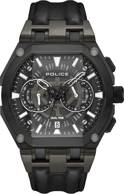 Police Herrenuhr, Quarz, Edelstahl, 45 mm, Leder, Schwarz, 5 ATM - Bild 1