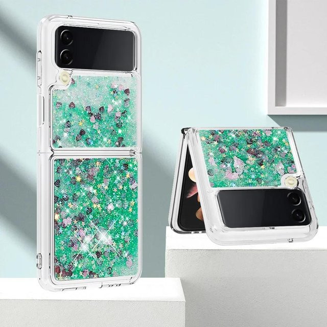 NUCWIN Glitzer Handyhülle mit Treibsand Farbverlauf und Liebesherz für Samsung Galaxy Z Flip 6, Z Flip 5, Z Flip 4 und Z Flip 3 in Grün, weiche TPU Hülle mit Bling-Effekt - Bild 1