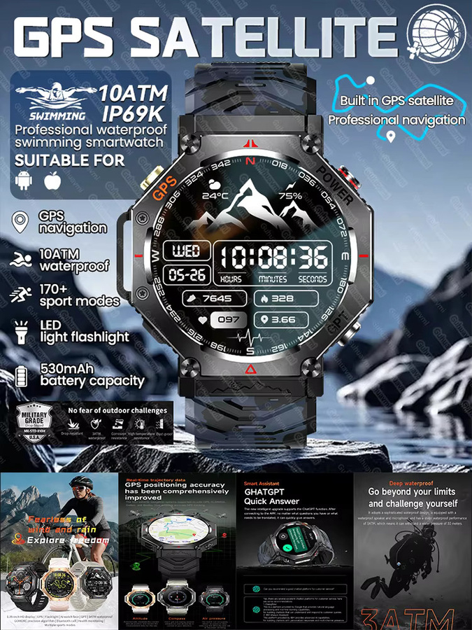 GUHUAVMI Militär Smartwatch für Männer mit GPS, AMOLED HD Display, Bluetooth Anruffunktion und Taschenlampe, wasserdicht 10ATM IP69K, Farbe: Schwarz - Bild 7