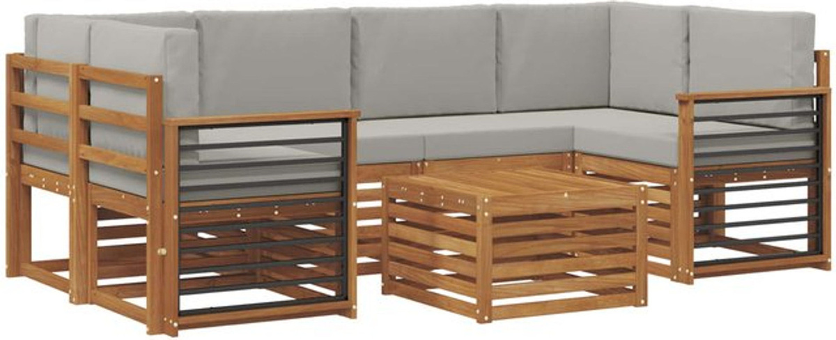 vidaXL Outdoor-Sofagarnitur aus Akazie mit 7-teiligem Set und Kissen in Natur und Hellgrau - Bild 1