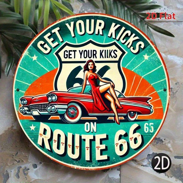 Potdemiel Rundes Metallschild Vintage Red Car on Route 66 Wandkunst Multicolor Durchmesser: 19,81 cm - Bild 1