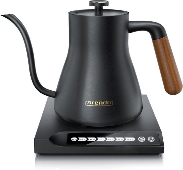 Arendo Retro Wasserkocher aus Edelstahl mit Echtholz-Griff, Schwarz, 0,6 l, 1000 W, mit einstellbarer Temperatur von 40° bis 100° - Bild 1