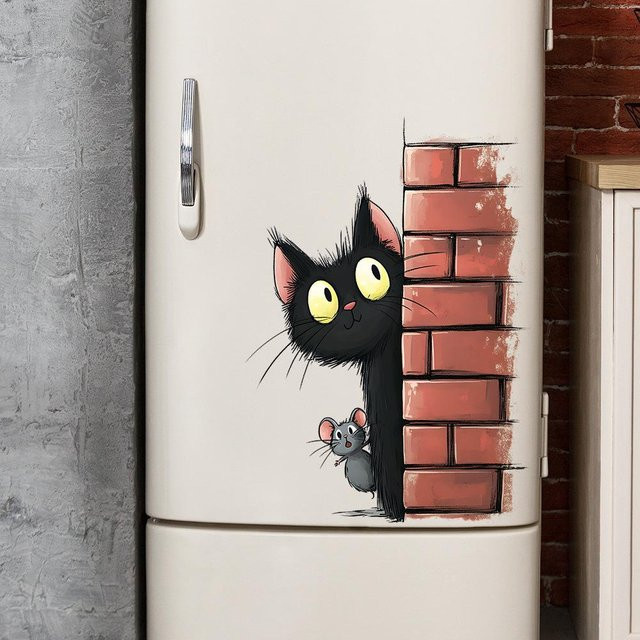 Wandaufkleber mit Motiv einer kleinen schwarzen Katze vor roter Ziegelwand, Breite: 35 cm, Höhe: 50 cm - Bild 1