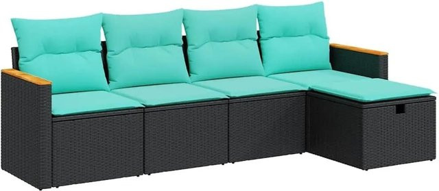 vidaXL 5-teilige Garten-Sofagarnitur in L-Form aus Poly-Rattan mit blauen Kissen und Metallgestell in Schwarz - Bild 1