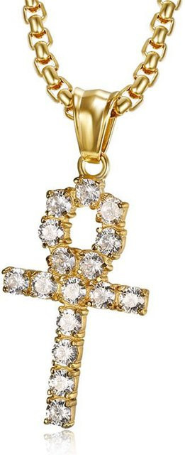 MAGIC ZONE Halskette, Ankh Kreuz Anhänger, Edelstahl, Gold, Zirkonia, Damen - Bild 1