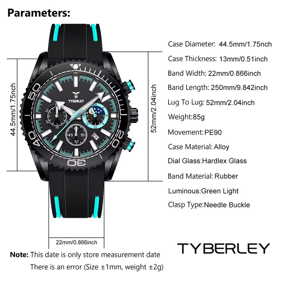 TYBERLEY Armbanduhr, Quarz, Messing, Silikon, Schwarz, Herren - Bild 6
