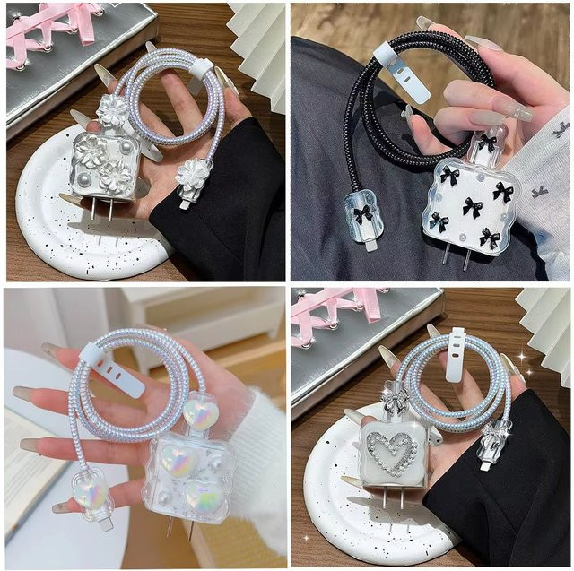 Pearl Butterfly Ladegerät Hülle für iPhone 17 16 18 als Schutzkabel Organizer und Netzteil Abdeckung in Silber - Bild 1