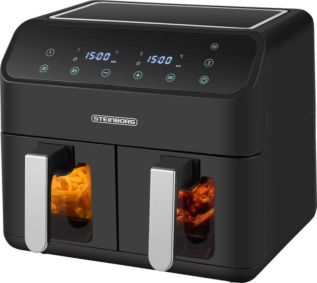 Steinborg Dual Heißluftfritteuse mit 2 Zonen, 8L Gesamtvolumen (4+4L), 2000W, Antihaftbeschichtung, Schwarz - Bild 1