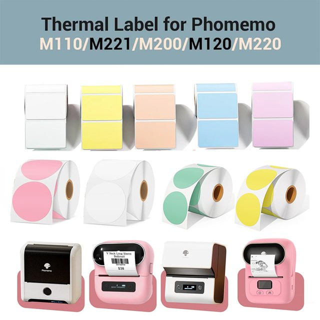 Phomemo Mehrzweck-Thermoetiketten in Weiß für Etikettendrucker M110 M200 M220 als selbstklebendes Aufkleberpapier in runder und quadratischer Form - Bild 1