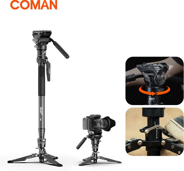 COMAN M1 PRO V5 Carbon Fiber Einbeinstativ mit One Click Lifting und Schnellverschluss-Fußverschluss in Schwarz - Bild 1