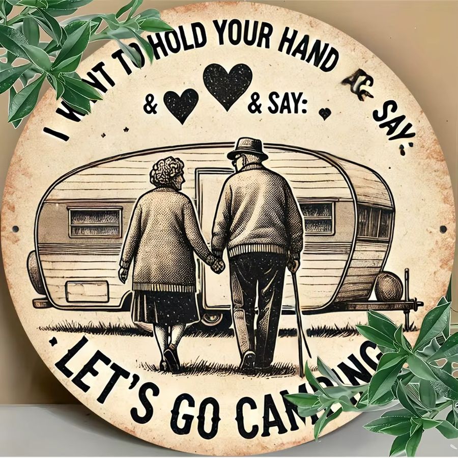 HELLOYOUNG Vintage-Wandschild aus Aluminium mit Camper-Van und Herzmotiven, I Want to Hold Your Hand & Say Let's Go Camping, B: 20 cm, H: 20 cm, T: 1 cm - Bild 3