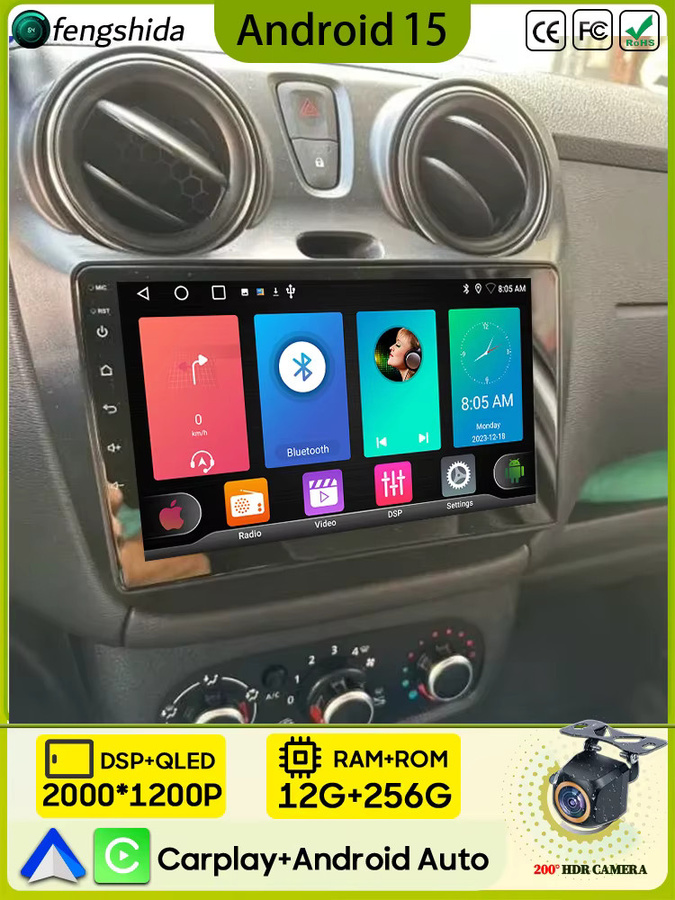 FengShiDa Autoradio mit Android 15 und 2K Bildschirm für Renault Dokker und Dacia Lodgy 2012-2020 mit GPS, CarPlay, Android Auto und 5G/4G Unterstützung in Schwarz - Bild 5