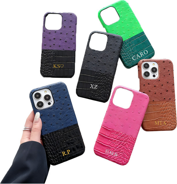 Personalisierbare Luxus Leder PU Handyhülle im Straußen- und Krokodil-Design für Apple iPhone 14 in Gold und Silber - Bild 1