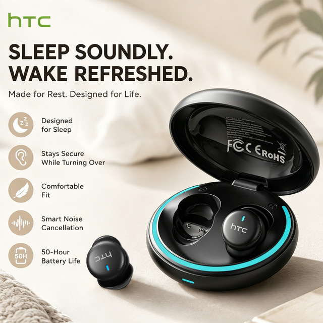 HTC NE92 Schlaf-Ohrhörer In-Ear Bluetooth Kopfhörer Schwarz mit 50 Stunden Wiedergabezeit und geringer Latenz - Bild 1