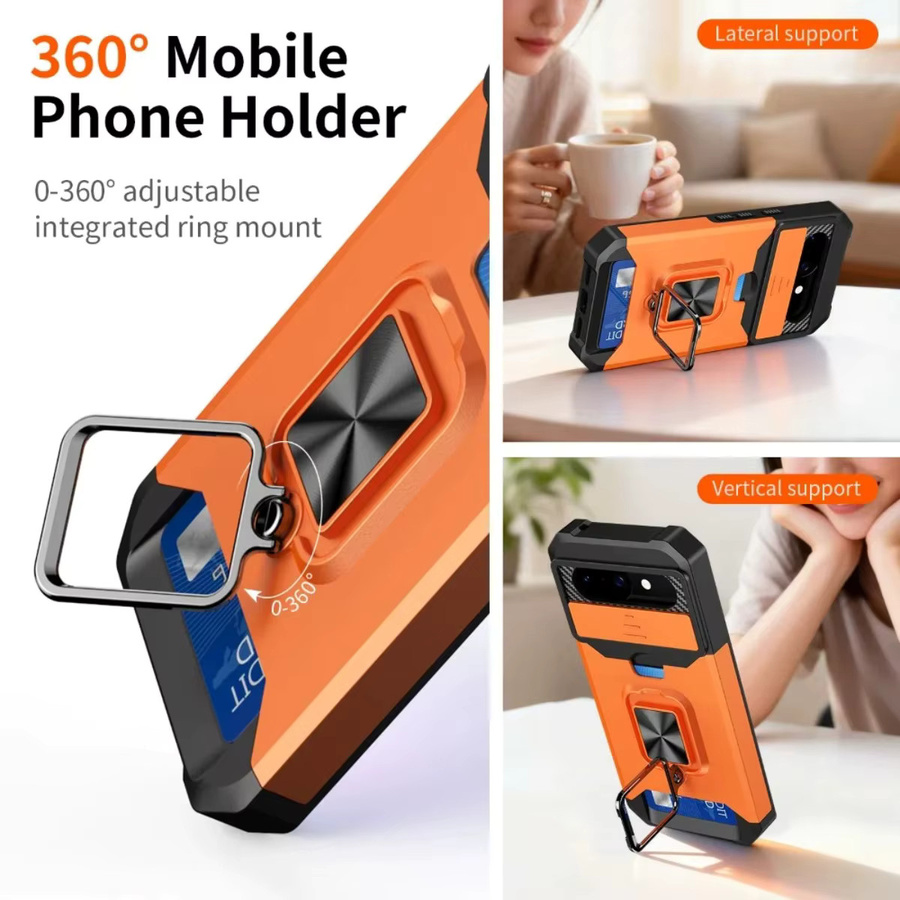 Google Handyhülle mit Kartenfach, Ringhalter und Schiebe-Kameraabdeckung für Pixel 6 7 8 9 10 Pro XL in Orange - Bild 5
