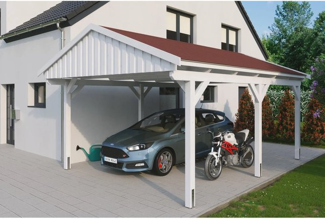 Skan Holz Carport Fichtelberg aus Fichte in Weiß mit spitzer Dachform und Dachschindeln, B: 423 cm, H: 326 cm - Bild 1