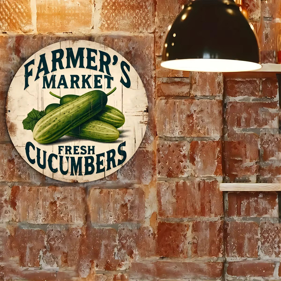 Potdemiel Rundes Aluminiumschild Farmer's Market Fresh Cucumbers Vintage Wandkunst Metall, Durchmesser: 19,81 cm, Mehrfarbig - Bild 5