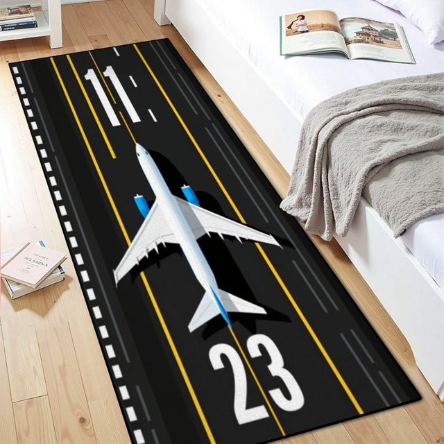 Rutschfester Teppichläufer mit Flugzeugmuster in Schwarz für Kinderzimmer, Wohnzimmer und Flur - Bild 1