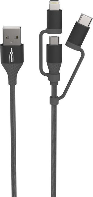 Ansmann 3in1 USB Daten- und Ladekabel mit USB-C, Lightning und Micro-USB in Schwarz, Länge: 120 cm - Bild 1