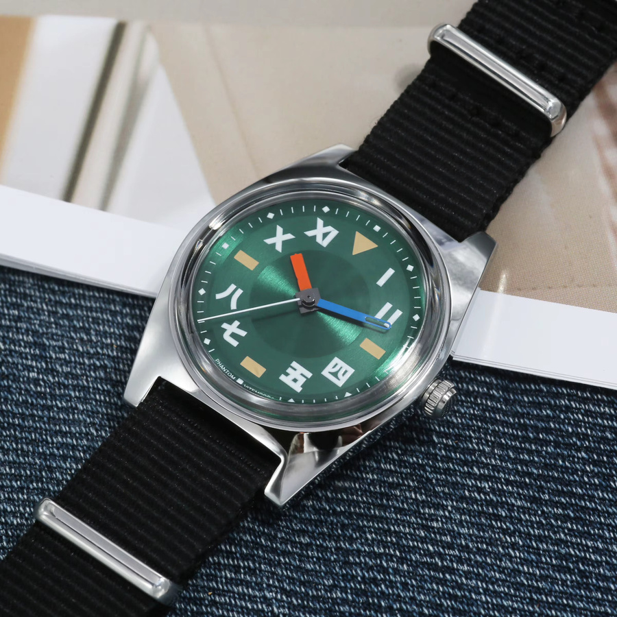 PHANTOM Armbanduhr, Handaufzug, Edelstahl, 36 mm, Textil/NATO, Grün, Unisex - Bild 2
