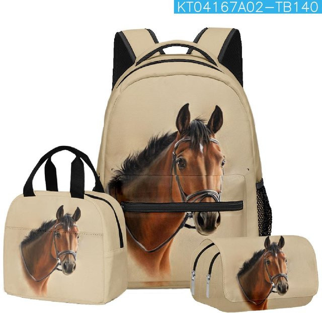 Fancy Style Studio 3er Set Schulrucksack mit Laptopfach, Lunchtasche und Federmäppchen mit 3D Steppenpferd Print in Beige - Bild 1